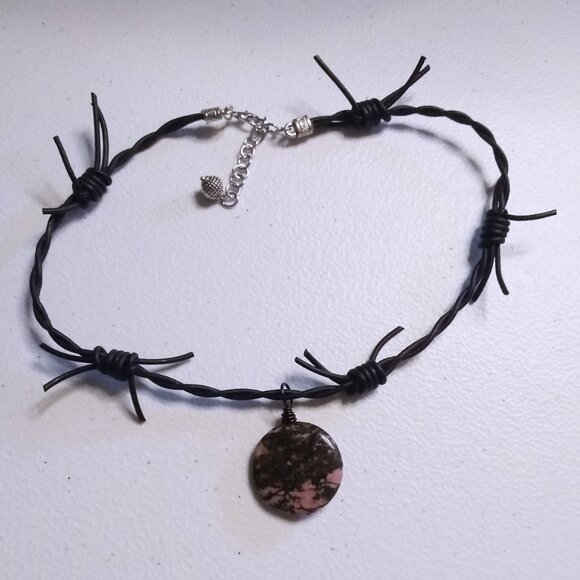 Edgy & Risque`~ Rhodonite Coin on Barbwire Leather Cordage - OOAK Choker 16" - Picture 2 of 9